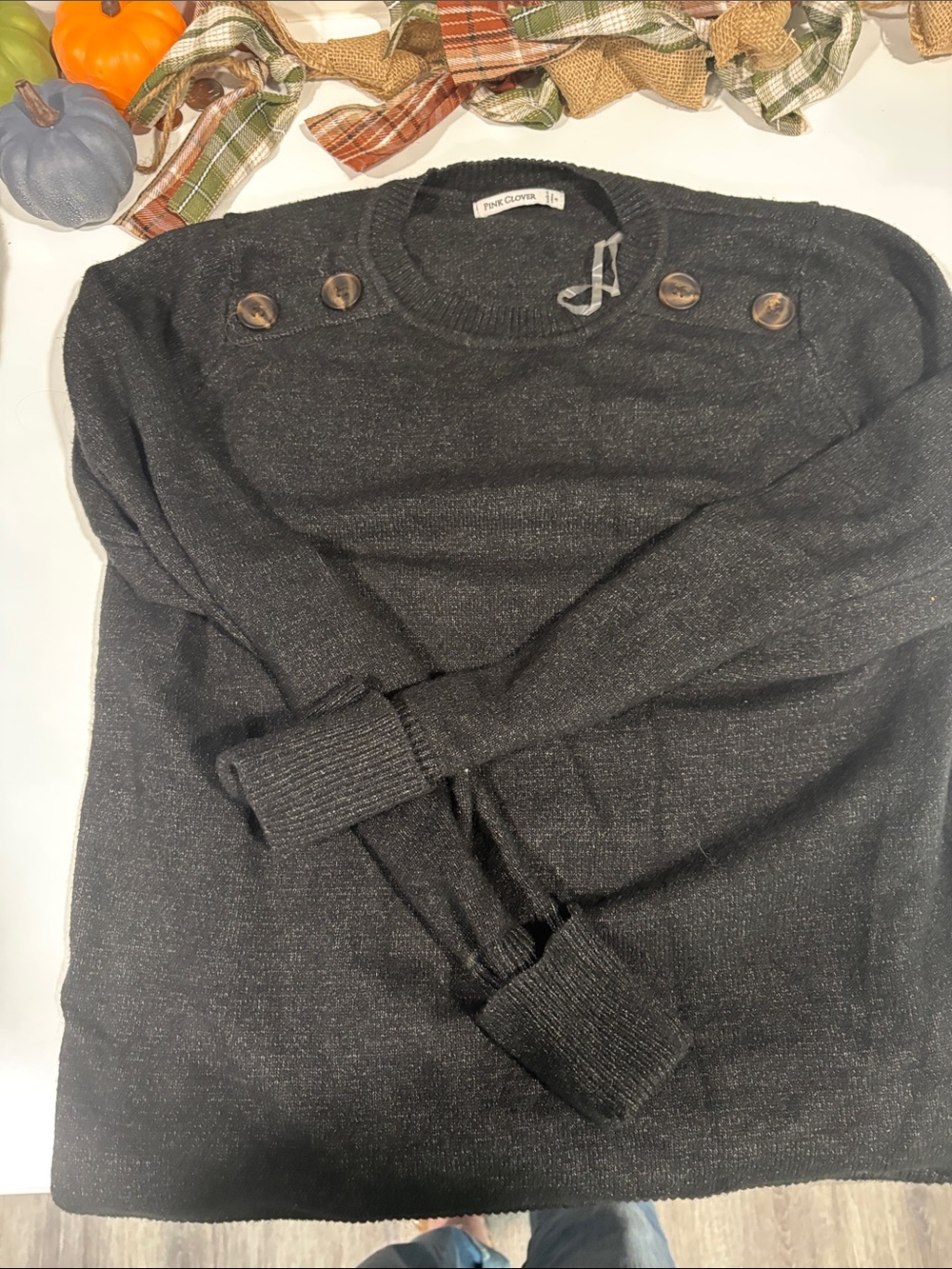Pink Clover Men's Charcoal Black Crewneck Sweater with Shoulder Buttons